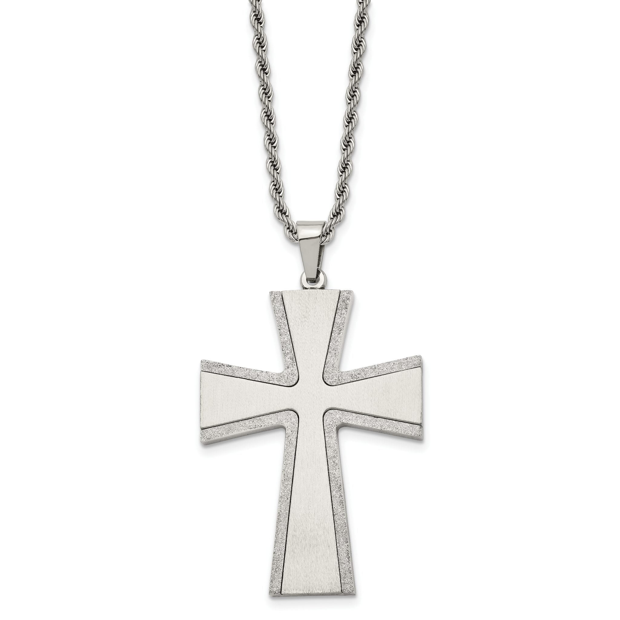 Chisel Stainless Steel Brushed with Laser-cut Edges Cross Pendant on a 24 inch Rope Chain Necklace Main image