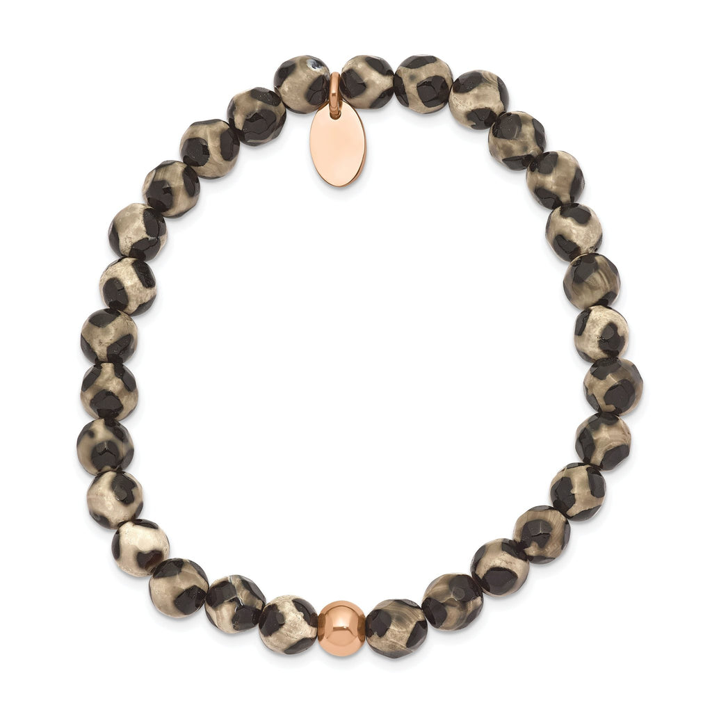 Stainless Steel Polished Rose IP-plated 6mm Black and White Agate Beaded Stretch Bracelet for Women