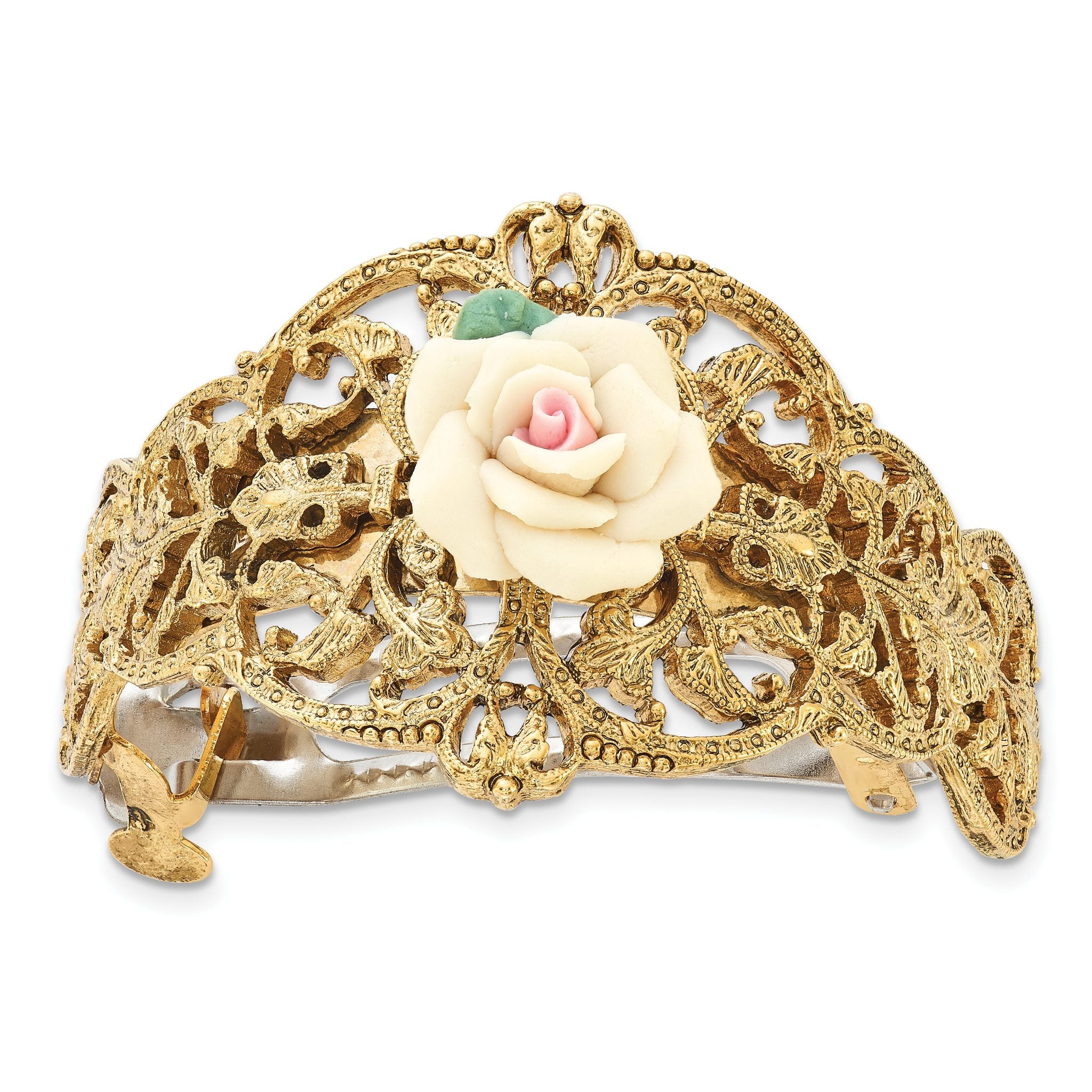 1928 Jewelry Gold-tone Filigree Ornate Porcelain Rose Ponytail Holder Main image