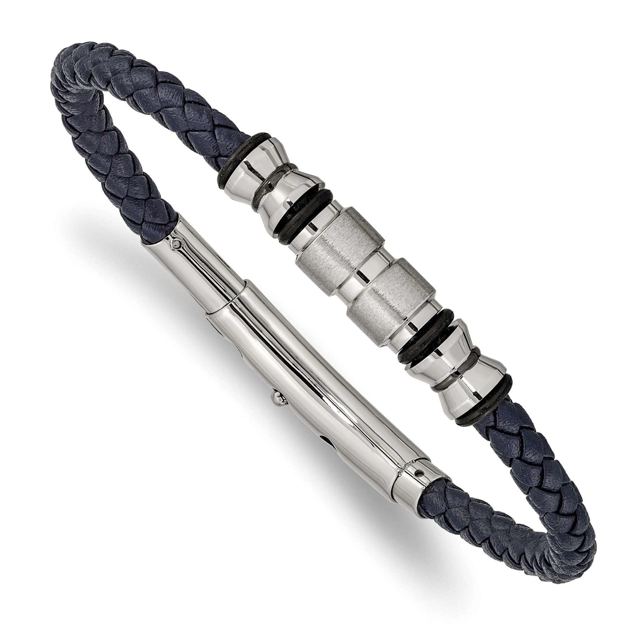 Chisel Stainless Steel Brushed and Polished Black IP-plated with Rubber Blue Braided Leather Adjustable 7.75 to 8.25 inch Bracelet Main image