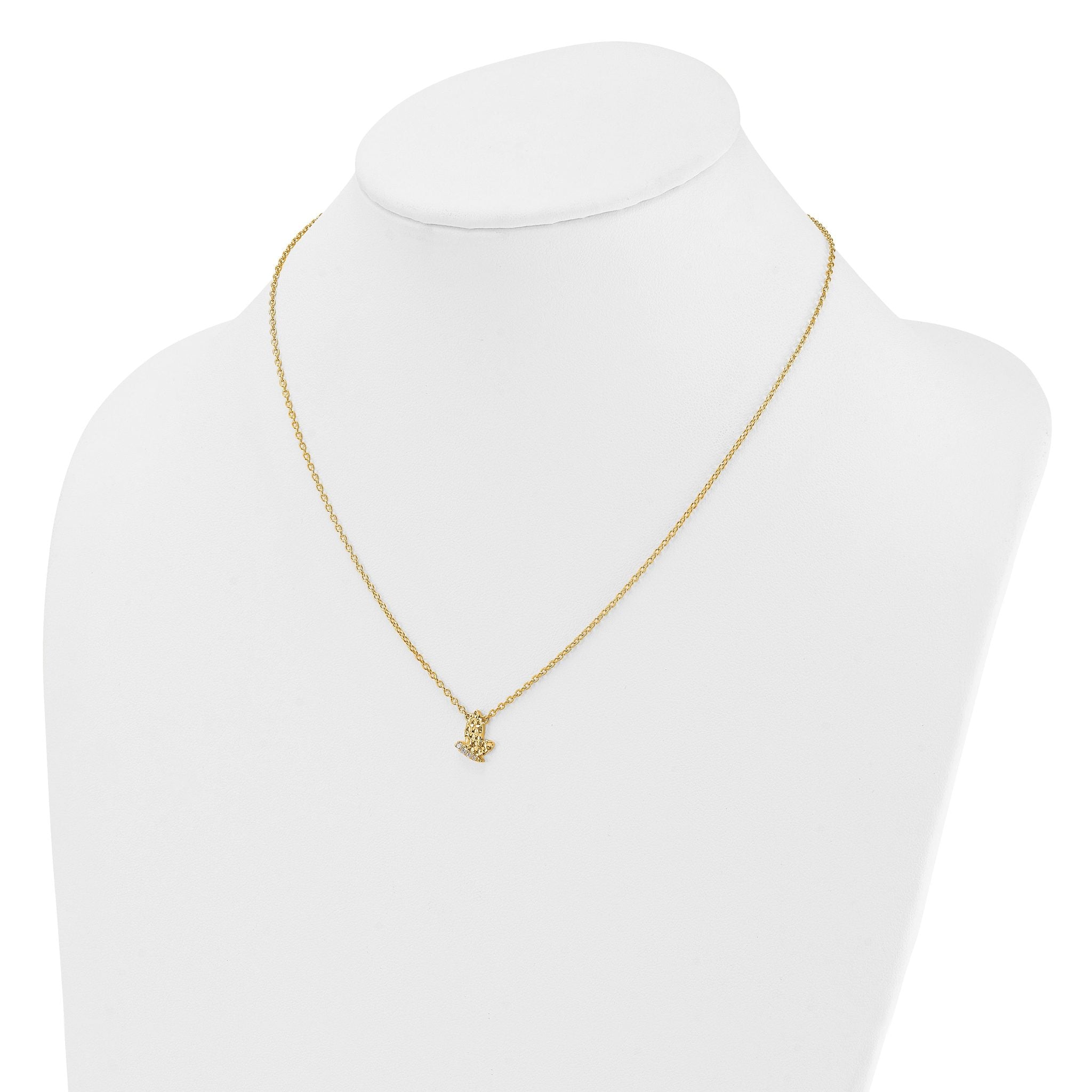 14K Polished and Hammered 1/20 carat Diamond Butterfly 18 inch Necklace