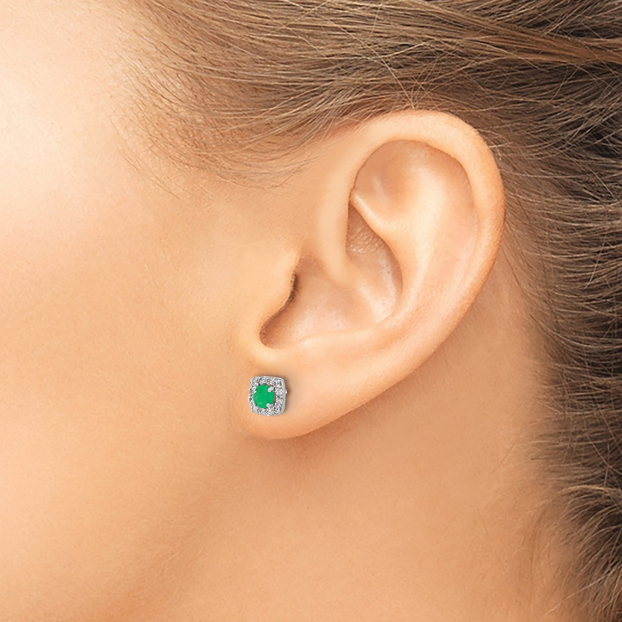14k White Gold 1/5 carat Lab Grown Diamond VS/SI+ G+ and Created Emerald Complete Square Halo Post Earrings