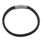 Stainless Steel Polished Textured Black Italian Leather Bracelet for Men