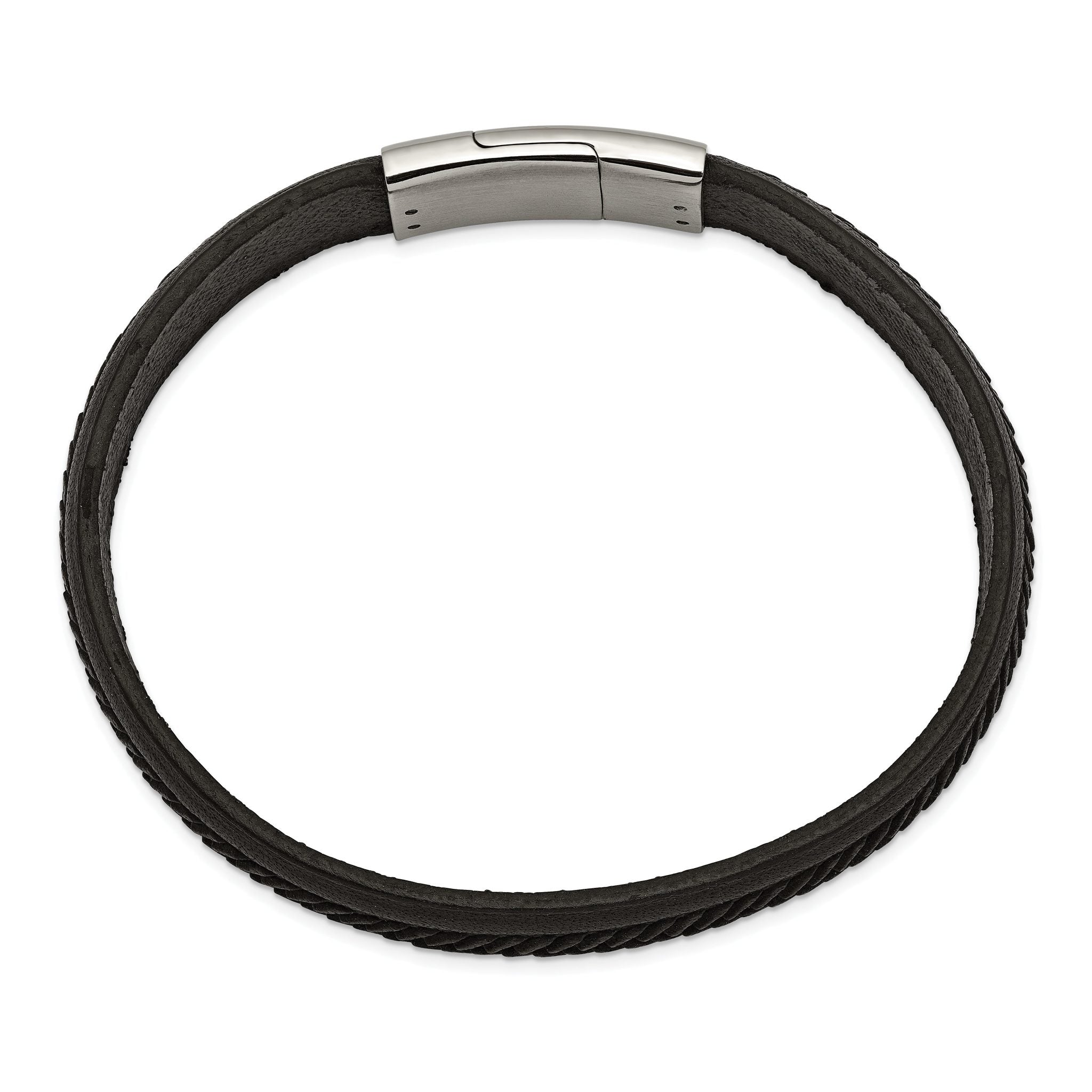 Stainless Steel Polished Textured Black Italian Leather Bracelet for Men