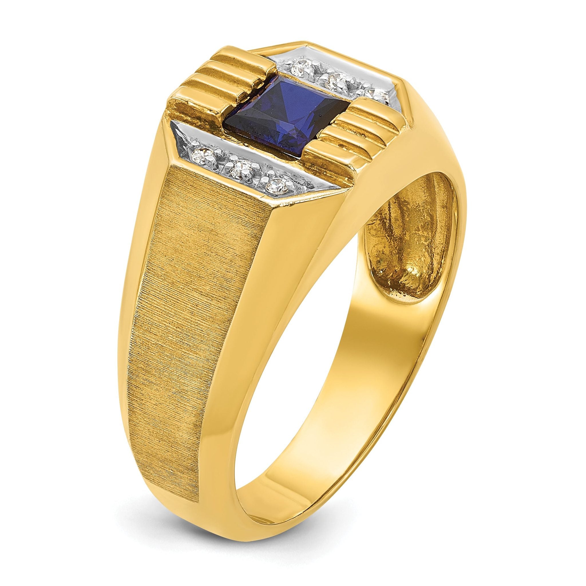 14k Mens Square Lab Created Sapphire and 1/20 carat Diamond Satin Complete Ring