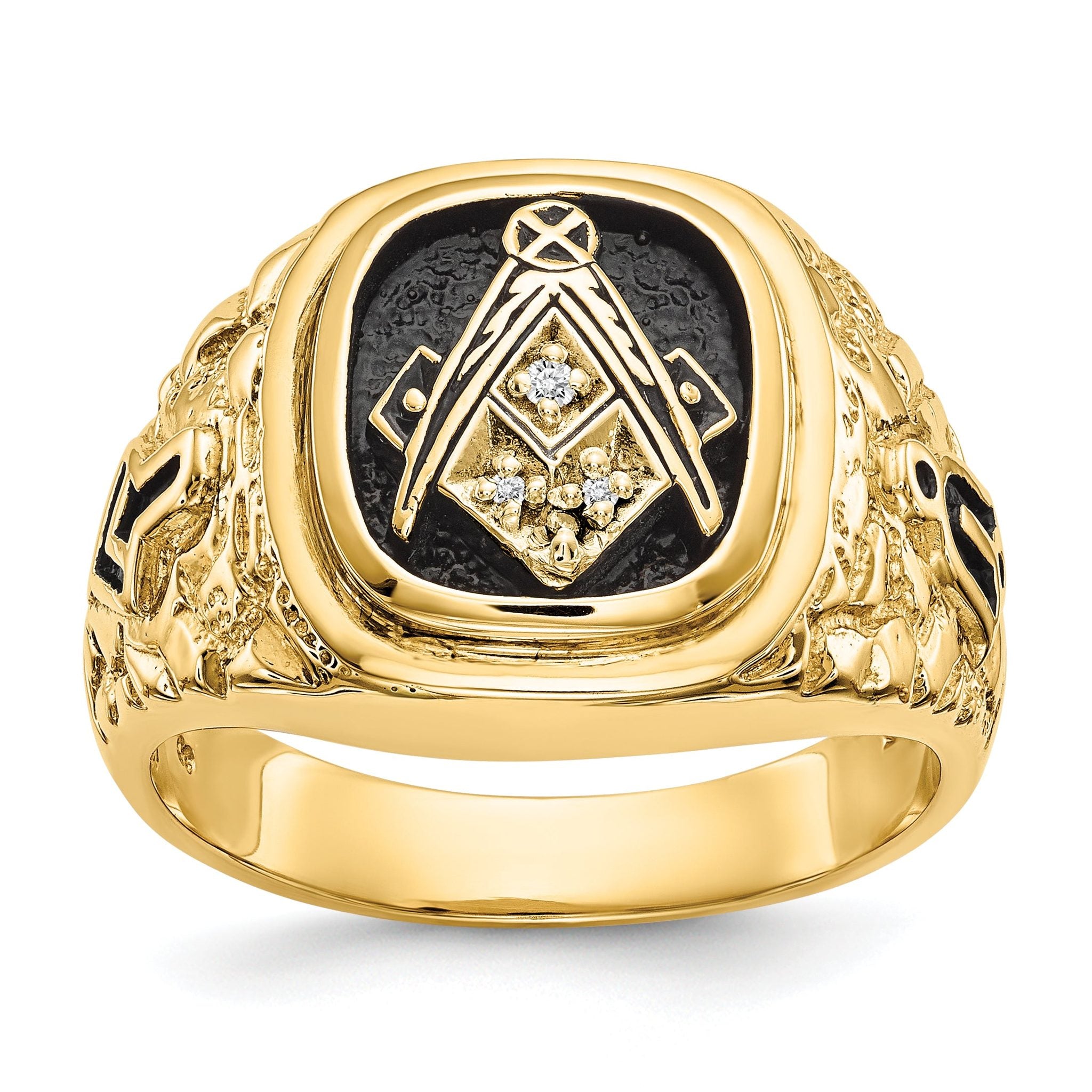 10 Karat Polished, Antiqued and Nugget Texture AA Quality Diamond Masonic Ring
