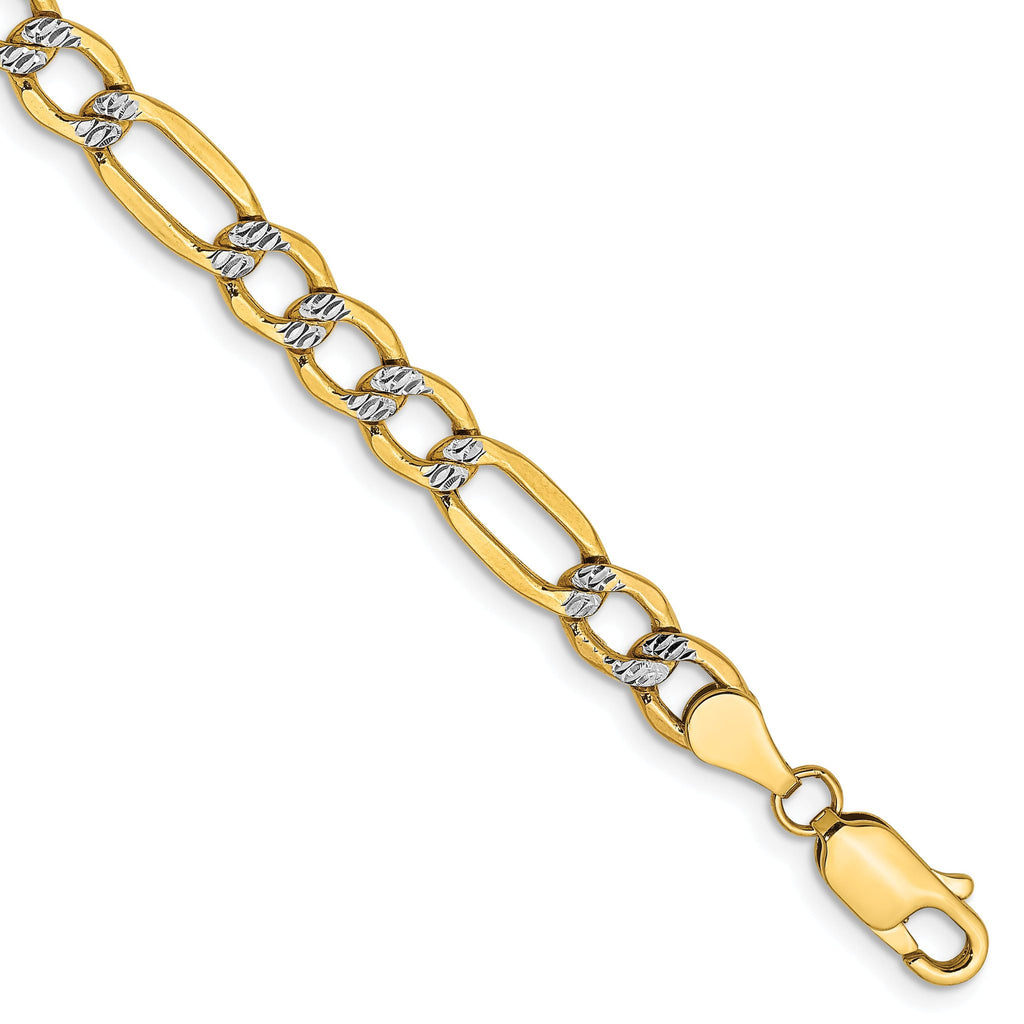 14K 7 inch 5.25mm Semi-Solid with Rhodium Pavâ Figaro with Lobster Clasp Bracelet