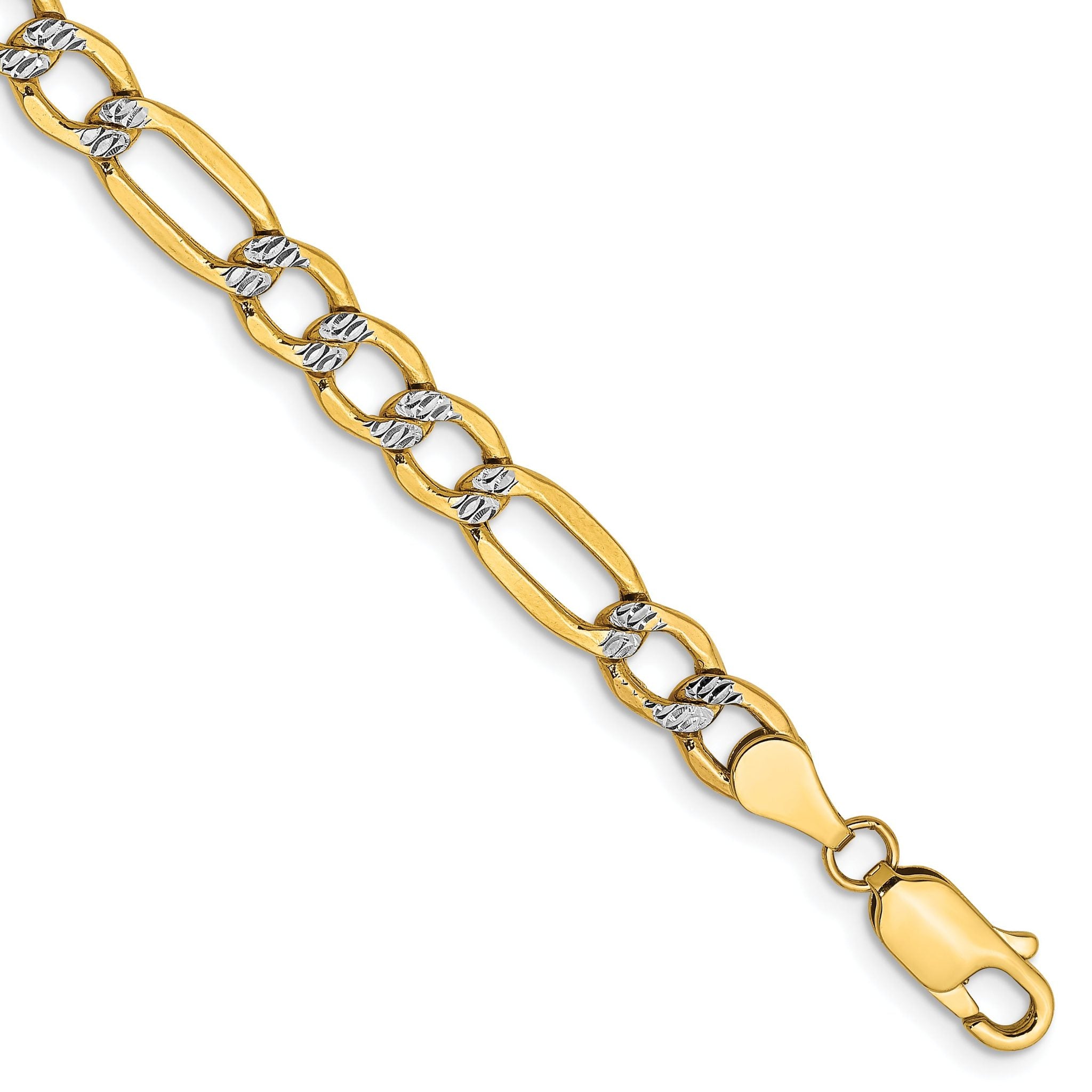 14K 7 inch 5.25mm Semi-Solid with Rhodium Pavâ Figaro with Lobster Clasp Bracelet