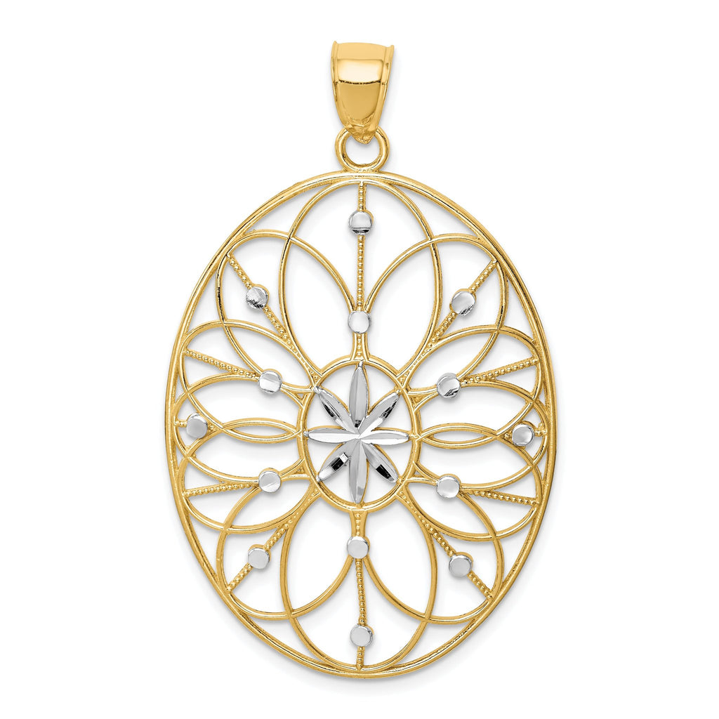 14K Gold Floral Medallion Pendant with Rhodium Accents, Polished Finish