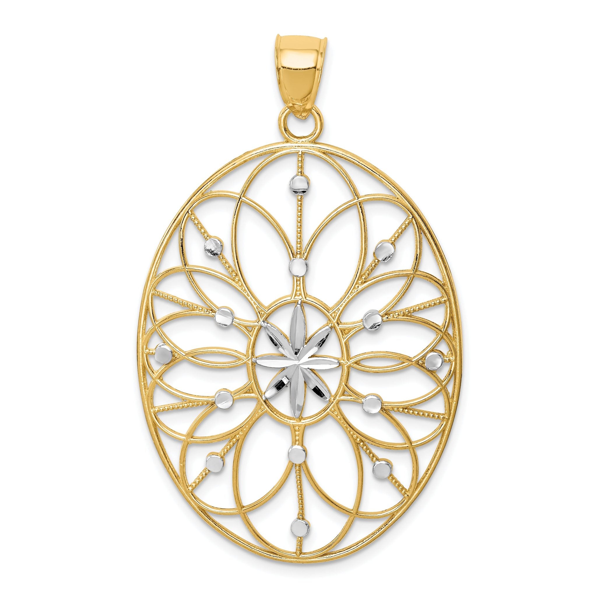 14K Gold Floral Medallion Pendant with Rhodium Accents, Polished Finish