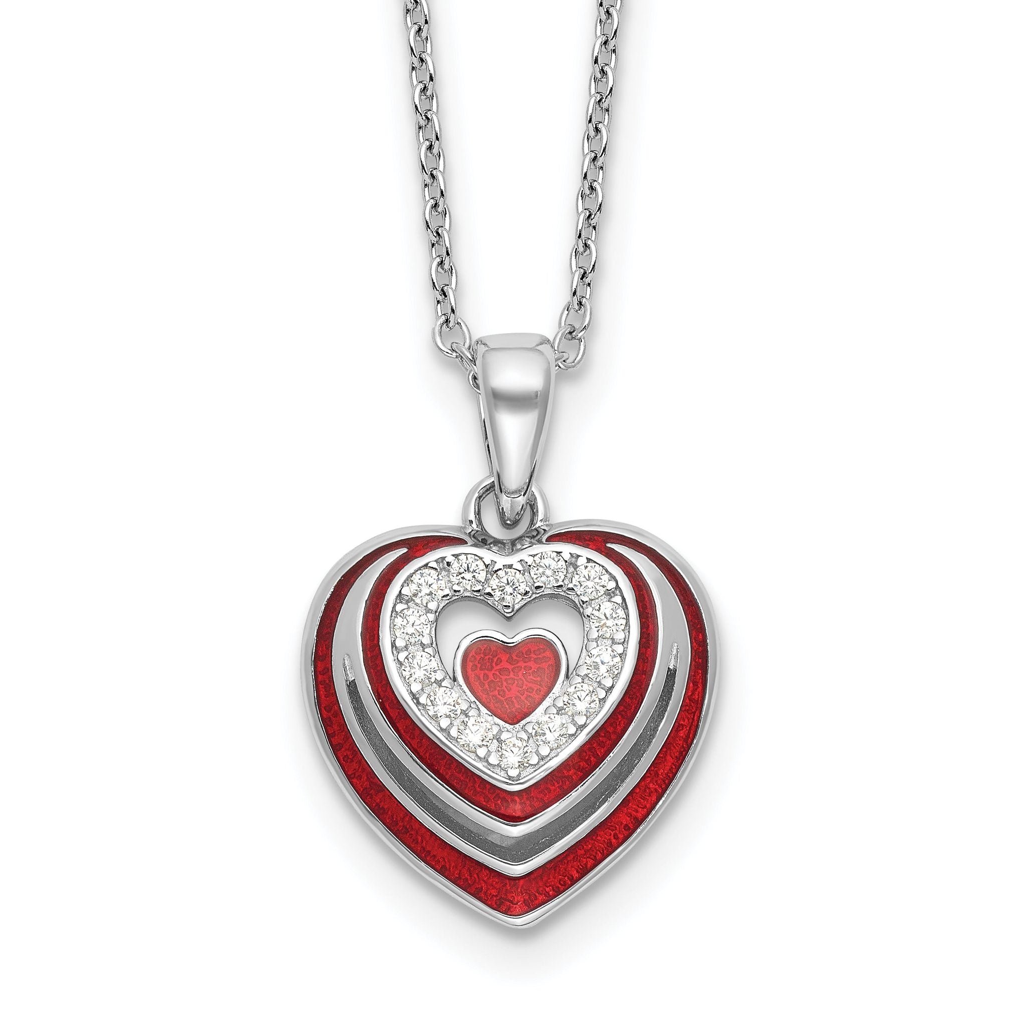 Sterling SilverRhodium-Rhodium-Plated CZ and Red Enamel Heart w 1/in. ext Necklace