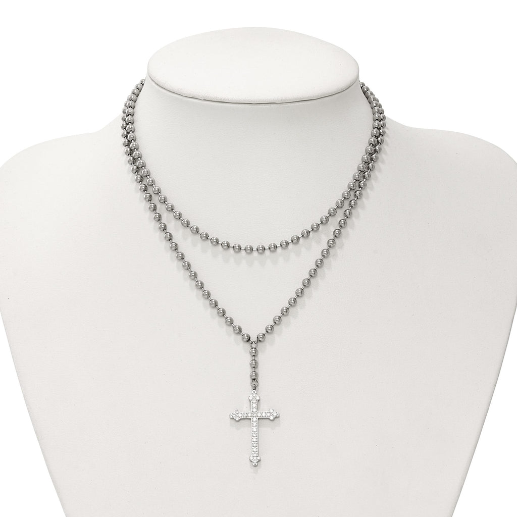 Cross & Crystal Two-Strand Beaded Necklace in Stainless Steel