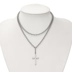 Cross & Crystal Two-Strand Beaded Necklace in Stainless Steel
