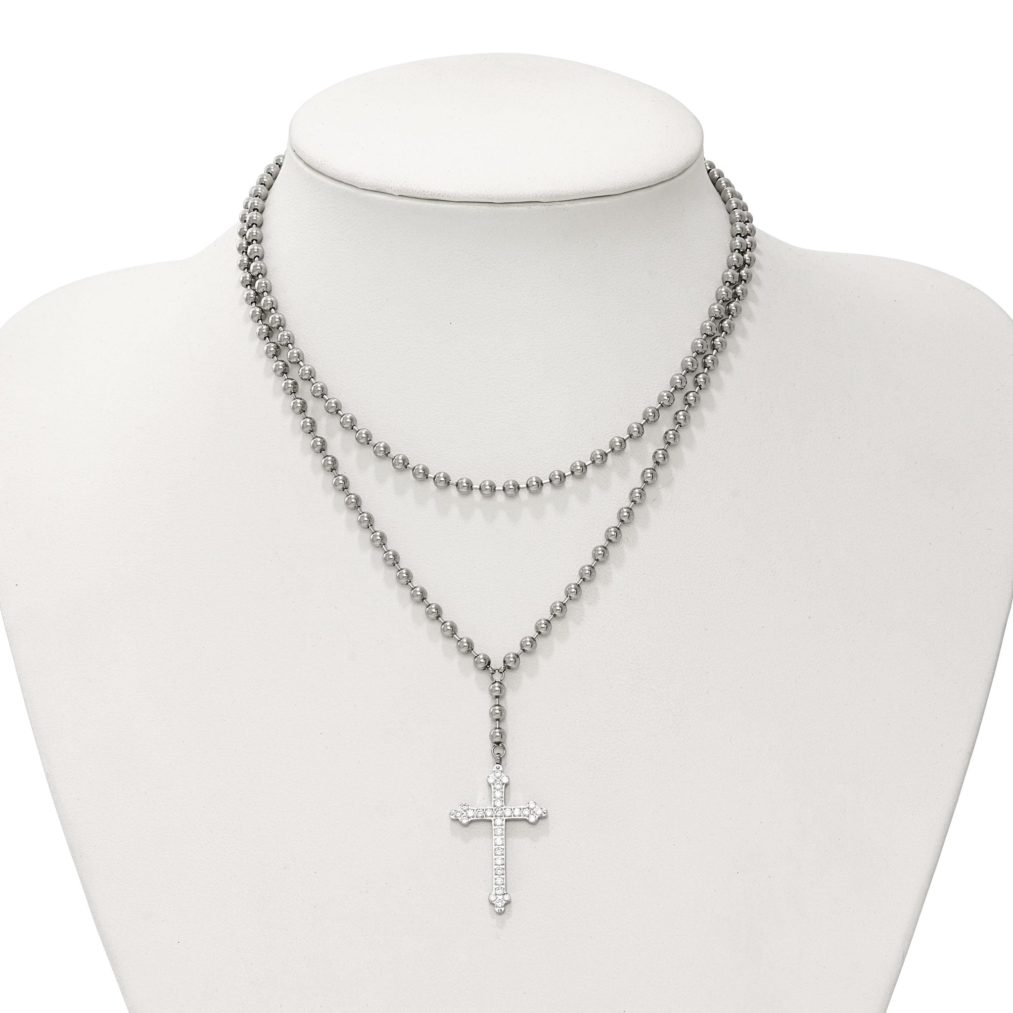 Cross & Crystal Two-Strand Beaded Necklace in Stainless Steel