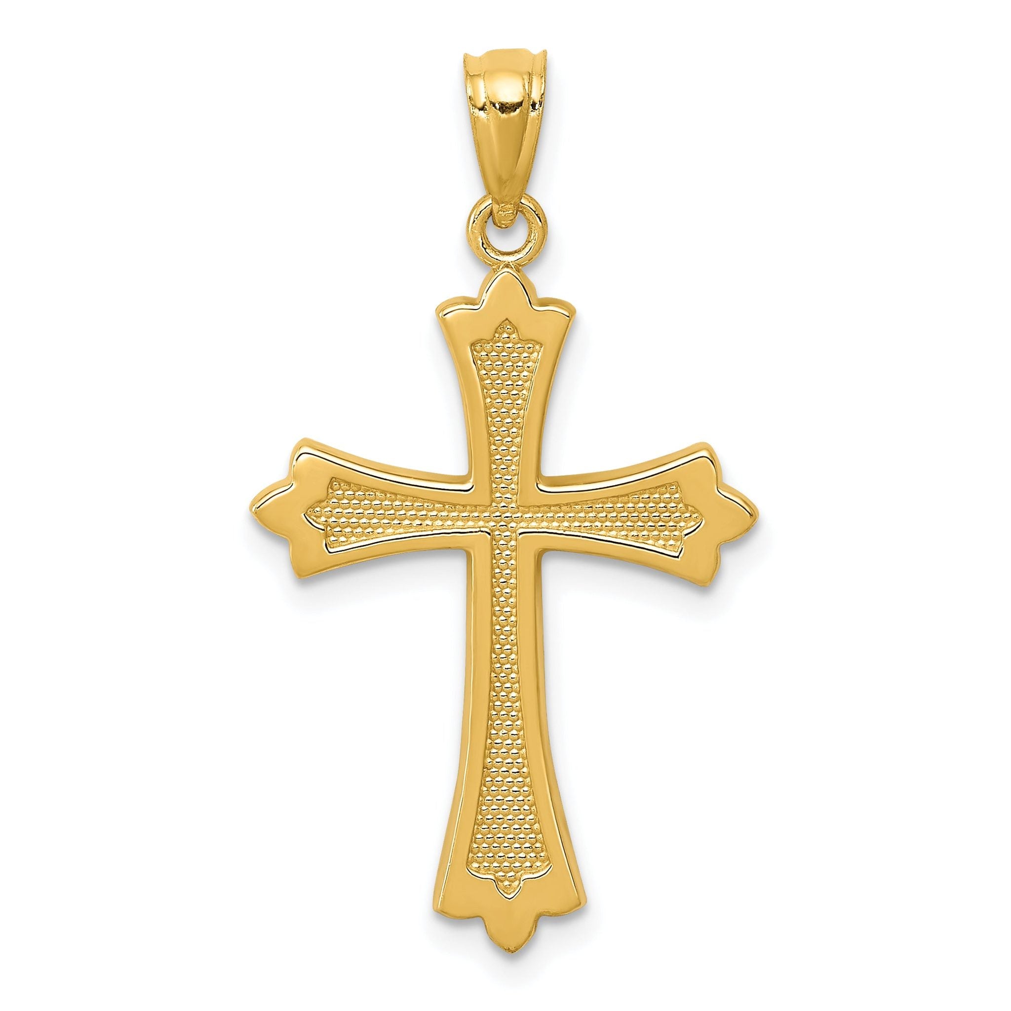 14K Yellow Gold Solid Budded Cross Pendant  Elegant Casted Design