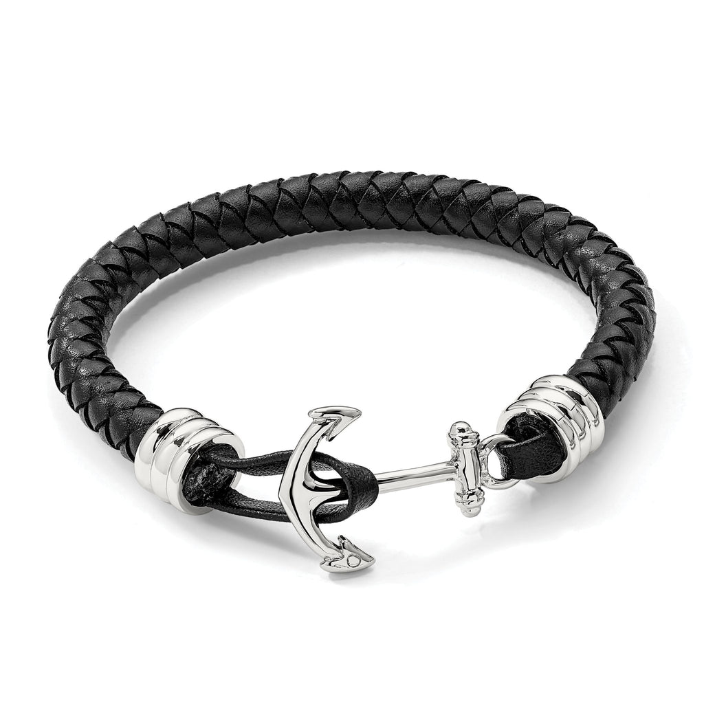 Stainless Steel Polished Anchor Black Braided Leather Bracelet for Men