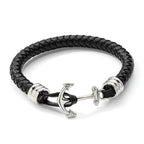 Stainless Steel Polished Anchor Black Braided Leather Bracelet for Men
