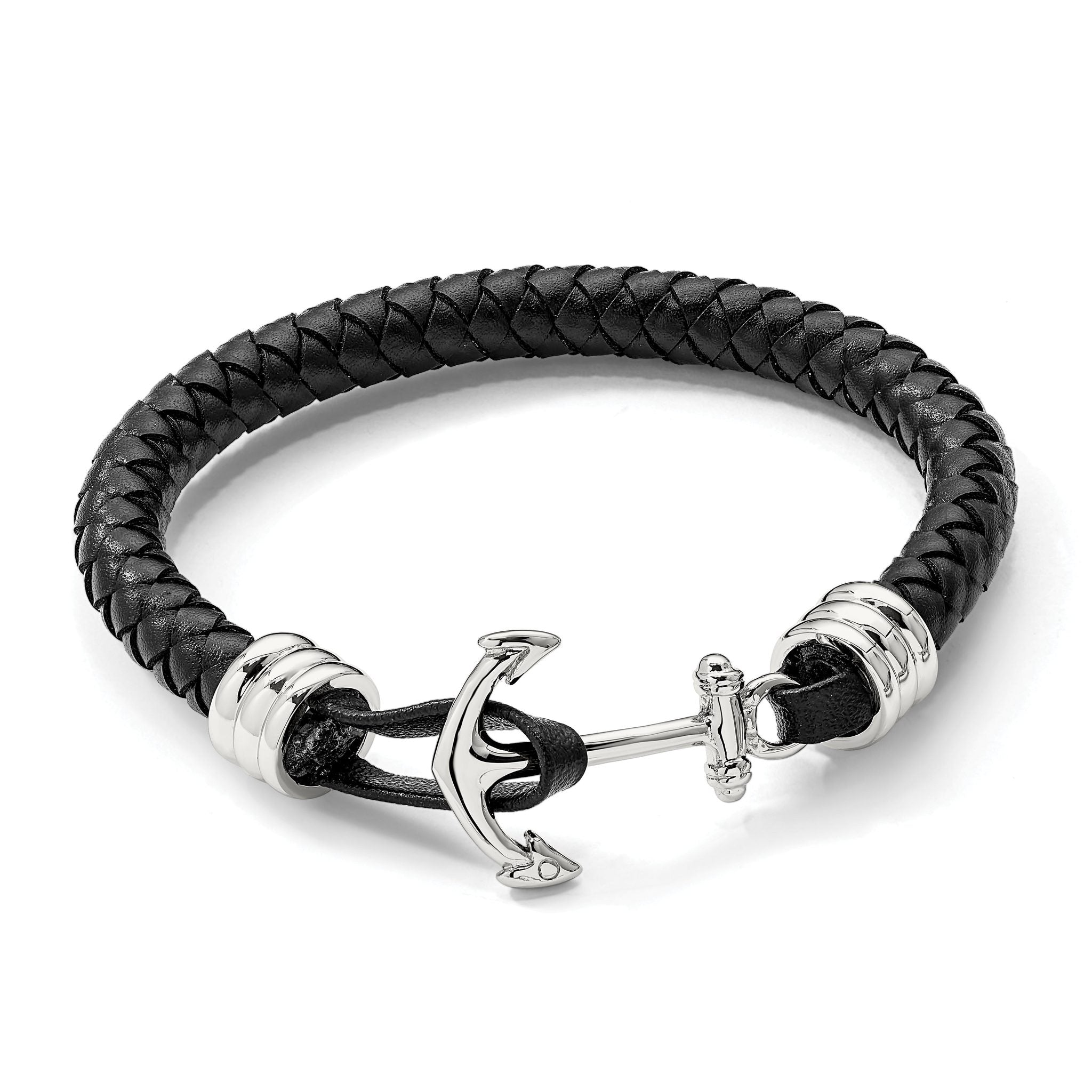 Stainless Steel Polished Anchor Black Braided Leather Bracelet for Men
