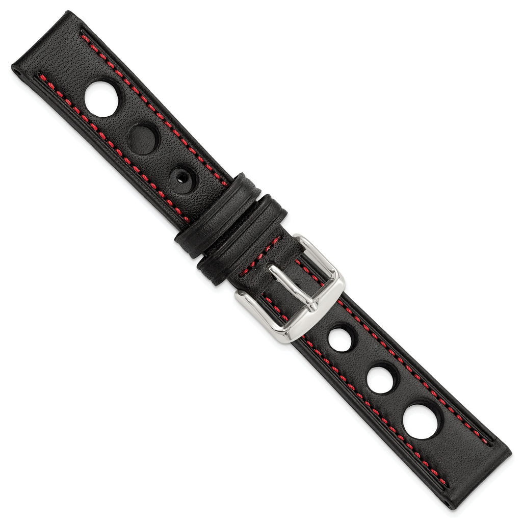 Grand Prix Leather Watch Band in Black with Red Stitching, 20mm