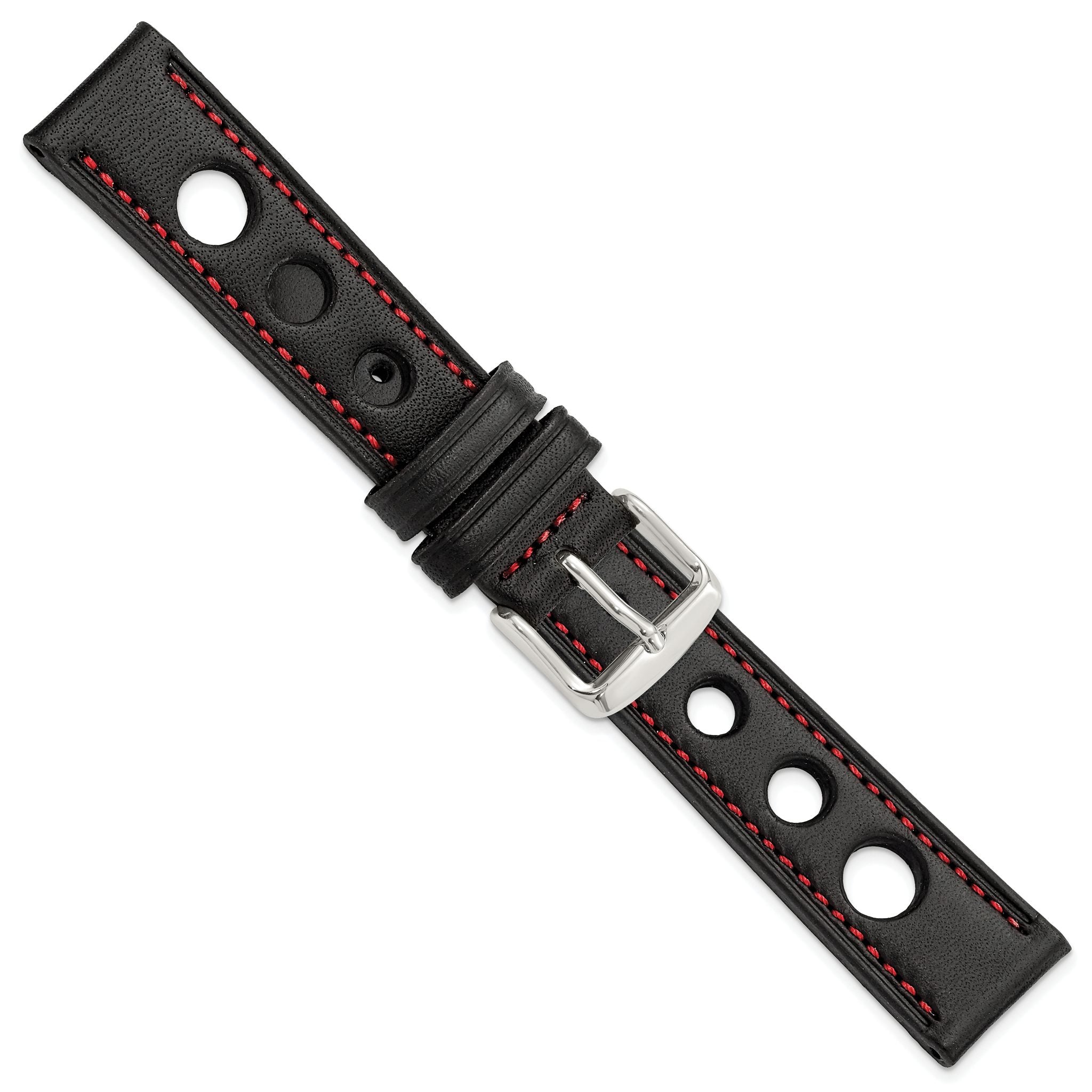 Grand Prix Leather Watch Band in Black with Red Stitching, 20mm