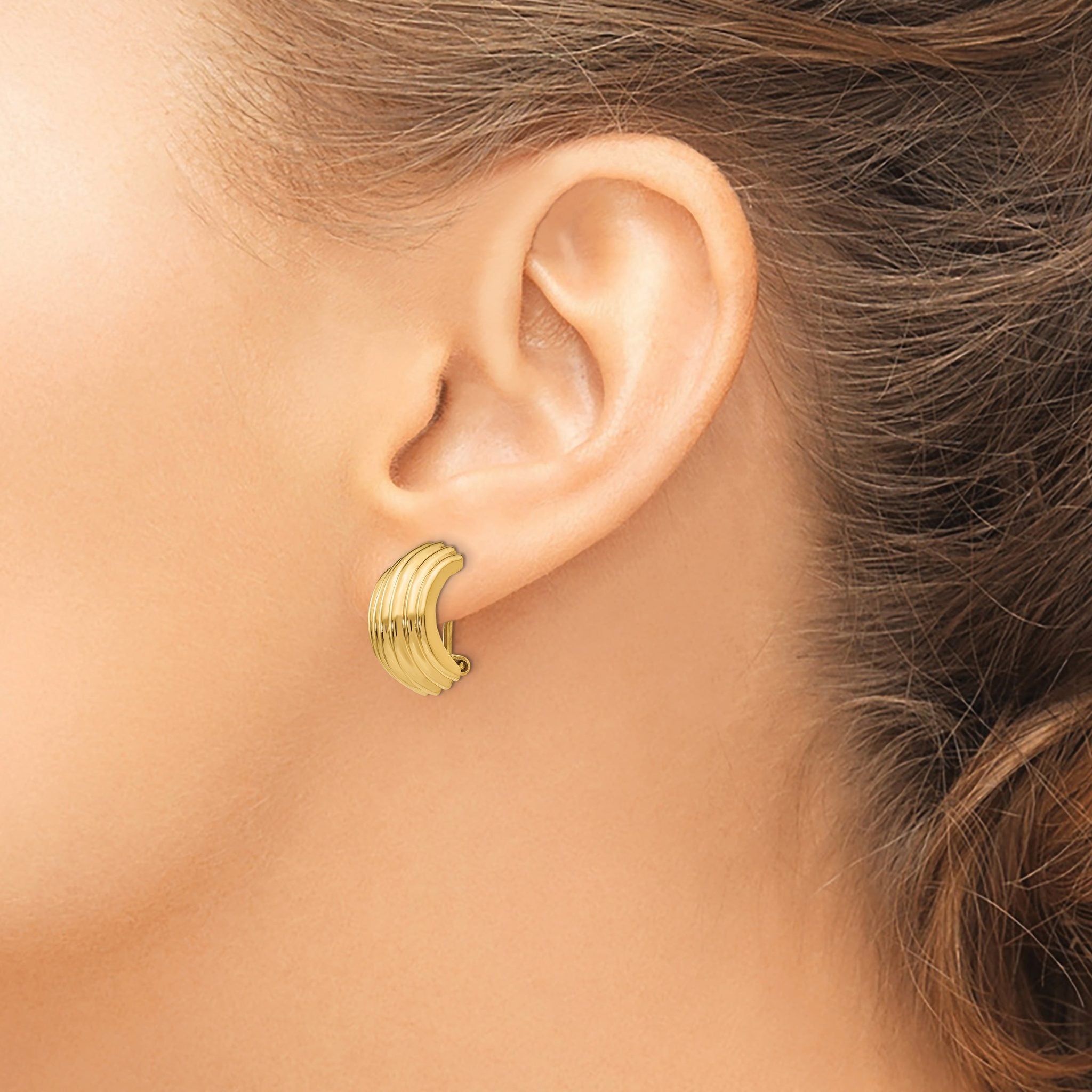14K Gold Polished Non-Pierced Omega Clip J-Hoop Earrings for Women