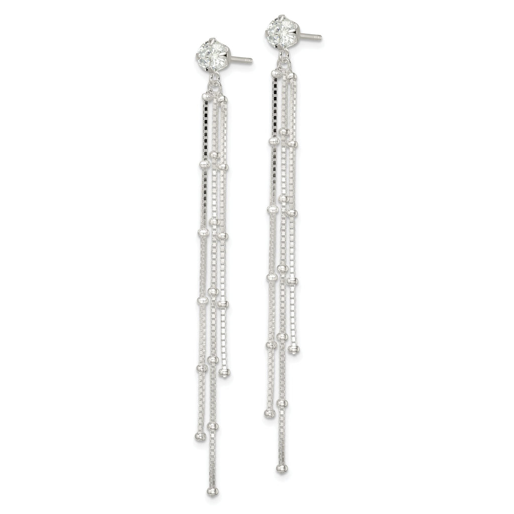 Sterling Silver Polished CZ & Beaded Chain Post Dangle Earrings