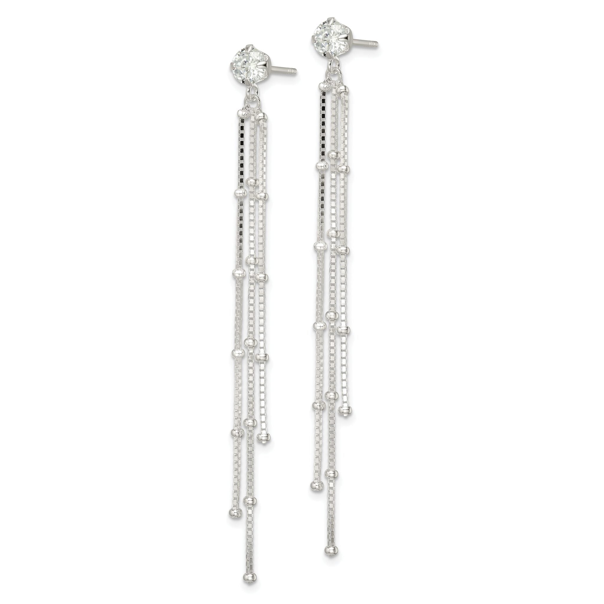 Sterling Silver Polished CZ & Beaded Chain Post Dangle Earrings