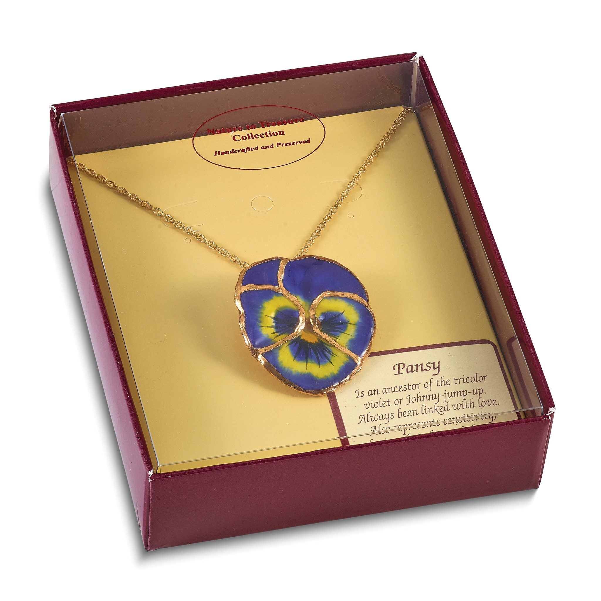 24K Gold-trim Lacquer Dipped Blue Real Pansy with 20 inch Gold-tone Necklace