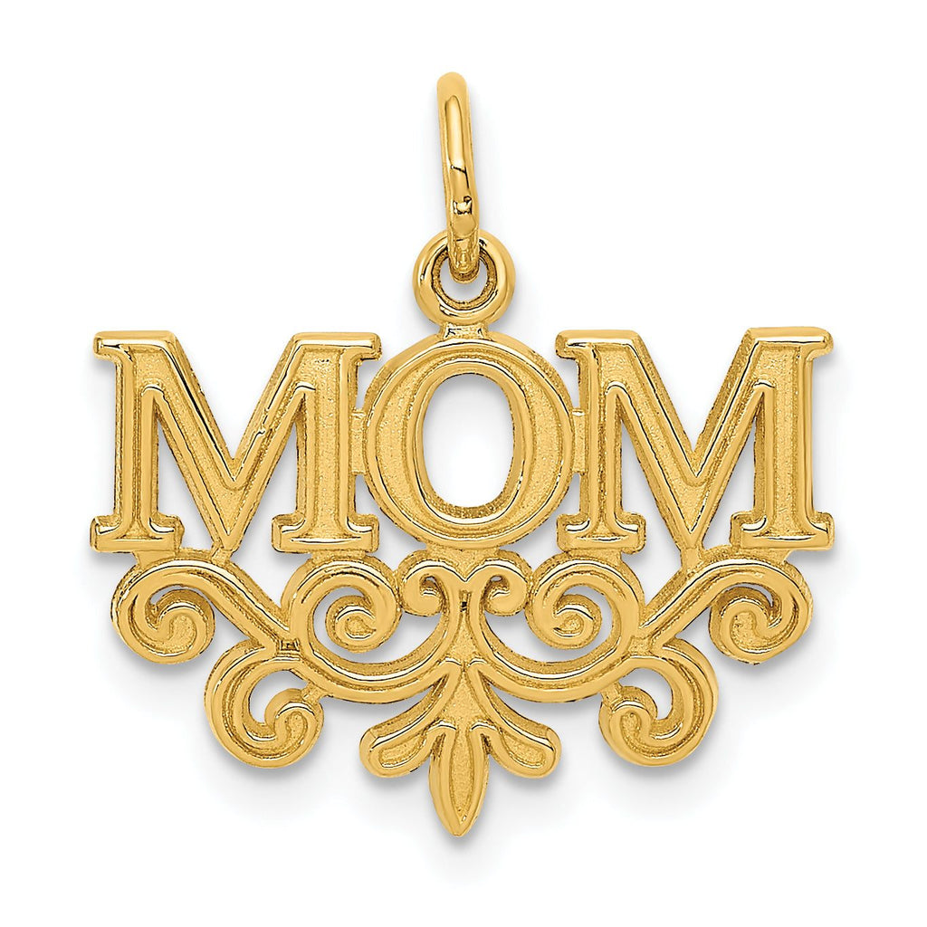 14K Gold MOM Charm with Polished Finish and Textured Design