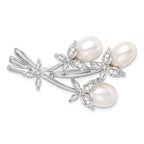 Sterling Silver Rhodium-Plated Floral Pearl Brooch with CZ Elegance