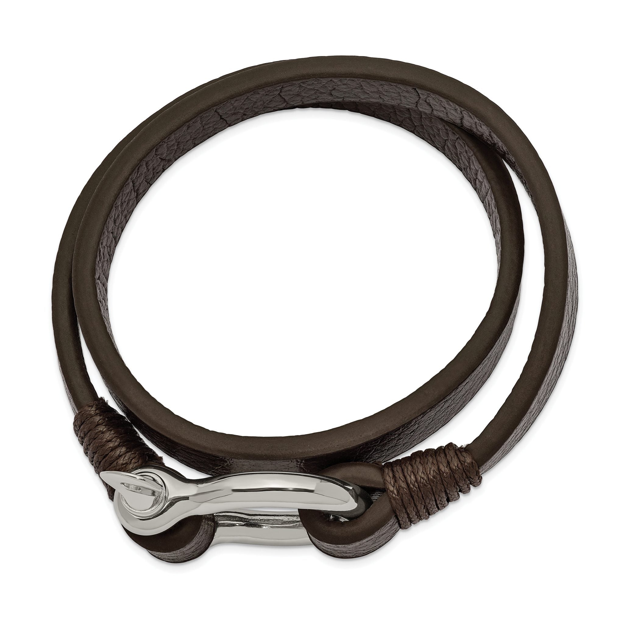 Stainless Steel Polished Shackle Brown Leather Wrap Bracelet for Men