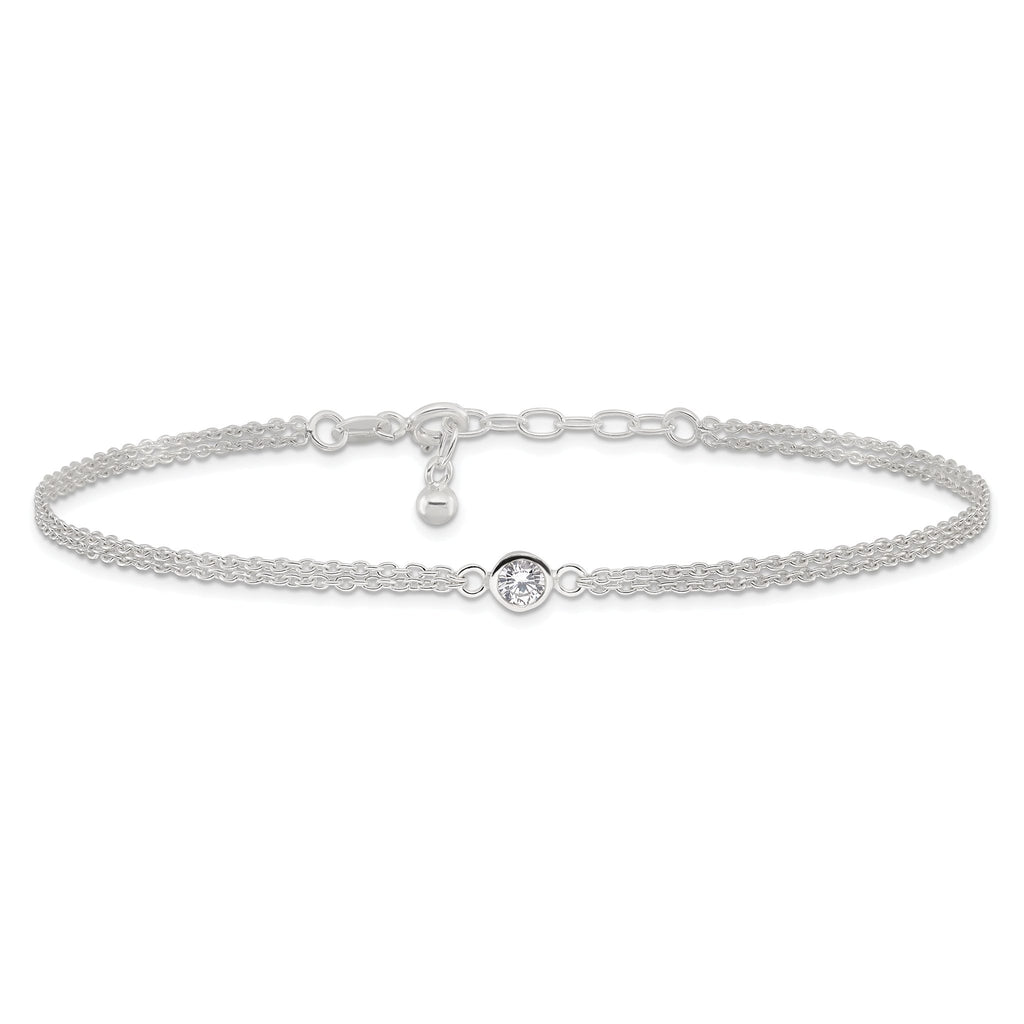 Sterling Silver Bezel CZ 2-Strand 9in Plus 1 in Ext. Anklet
