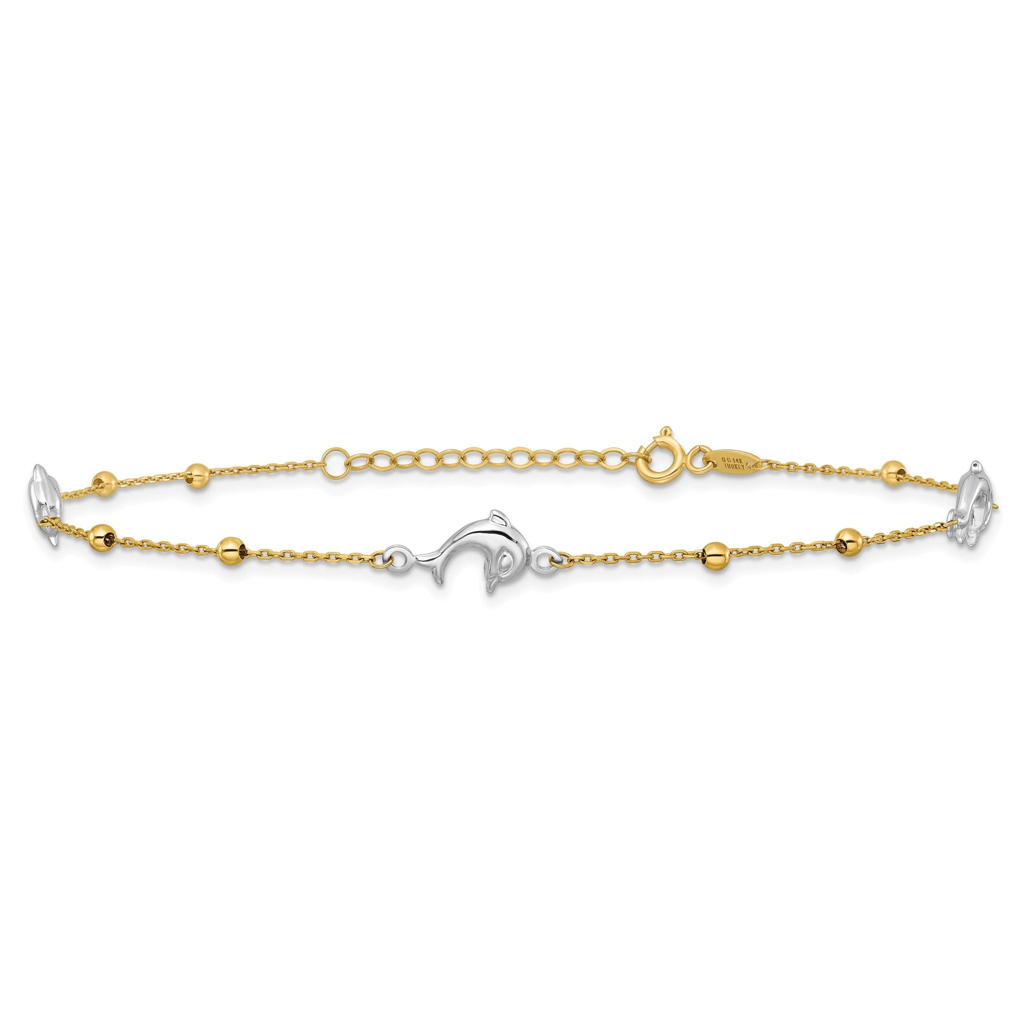 14K Two-tone Beads and Three Dolphins 9 inch Plus 1 inch Extender - Total 10 inch Anklet