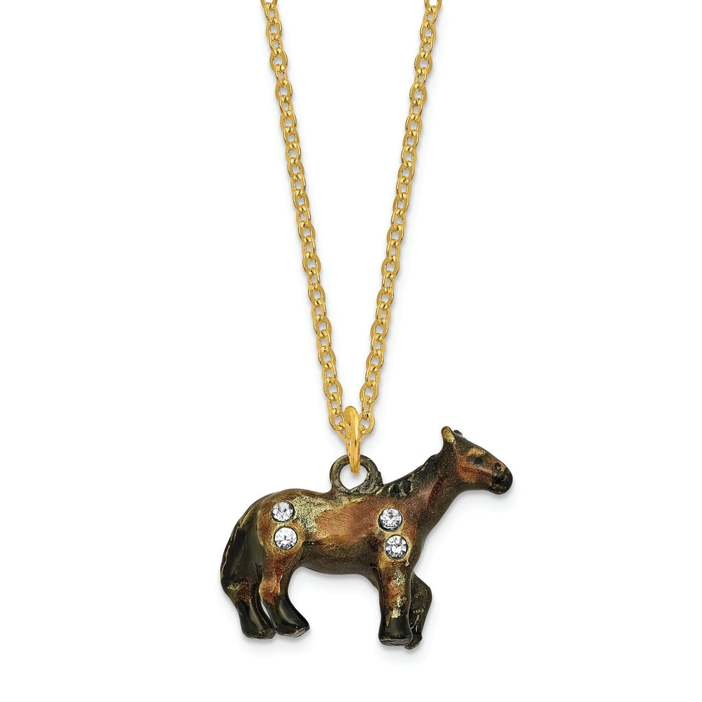 Luxury Giftware by Jere Pewter Bejeweled Crystals Gold-tone Enameled SPENCER Dark Bay Horse Trinket Box with Matching 18 Inch Necklace