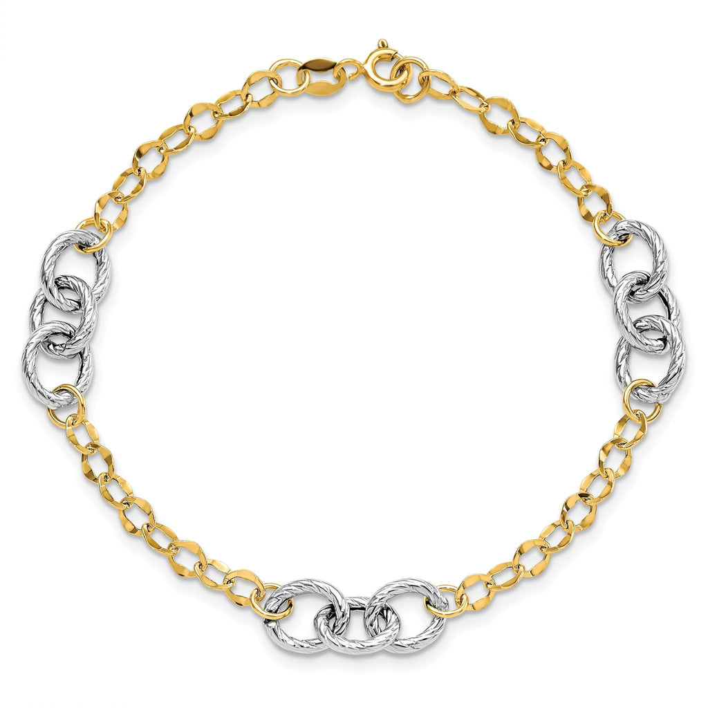 14K Two-tone Polished and Textured Fancy Link Bracelet