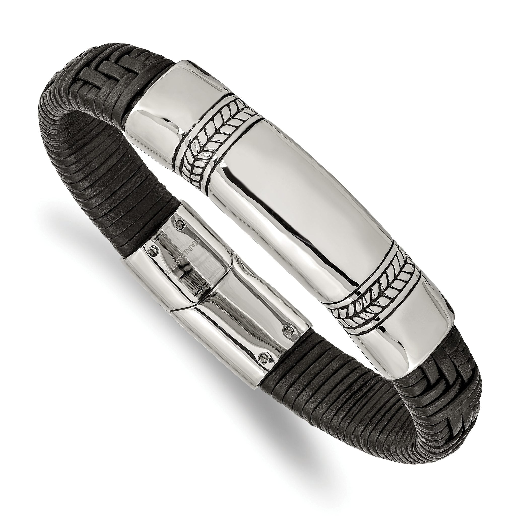Stainless Steel Antiqued and Polished Black Woven Leather ID Bracelet for Men Main image