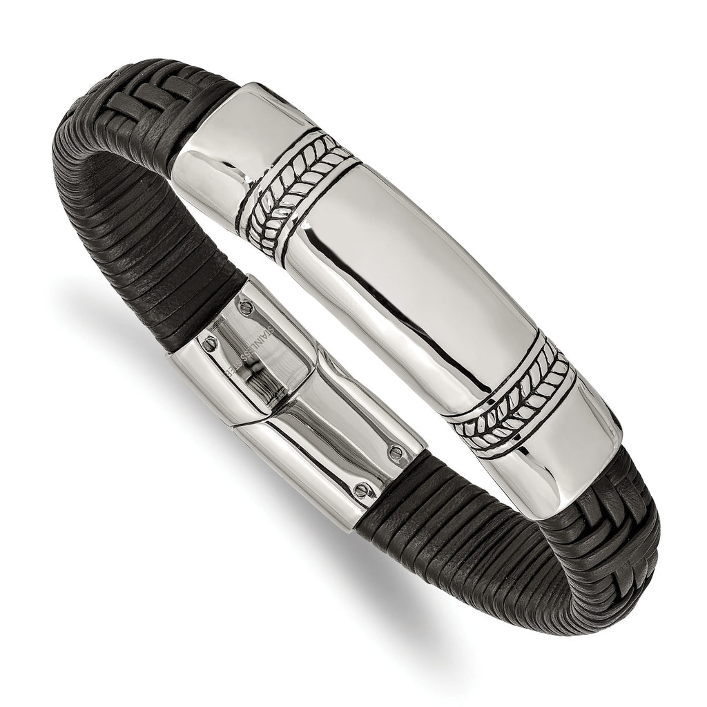 Stainless Steel Antiqued and Polished Black Woven Leather ID Bracelet for Men