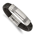 Stainless Steel Antiqued and Polished Black Woven Leather ID Bracelet for Men