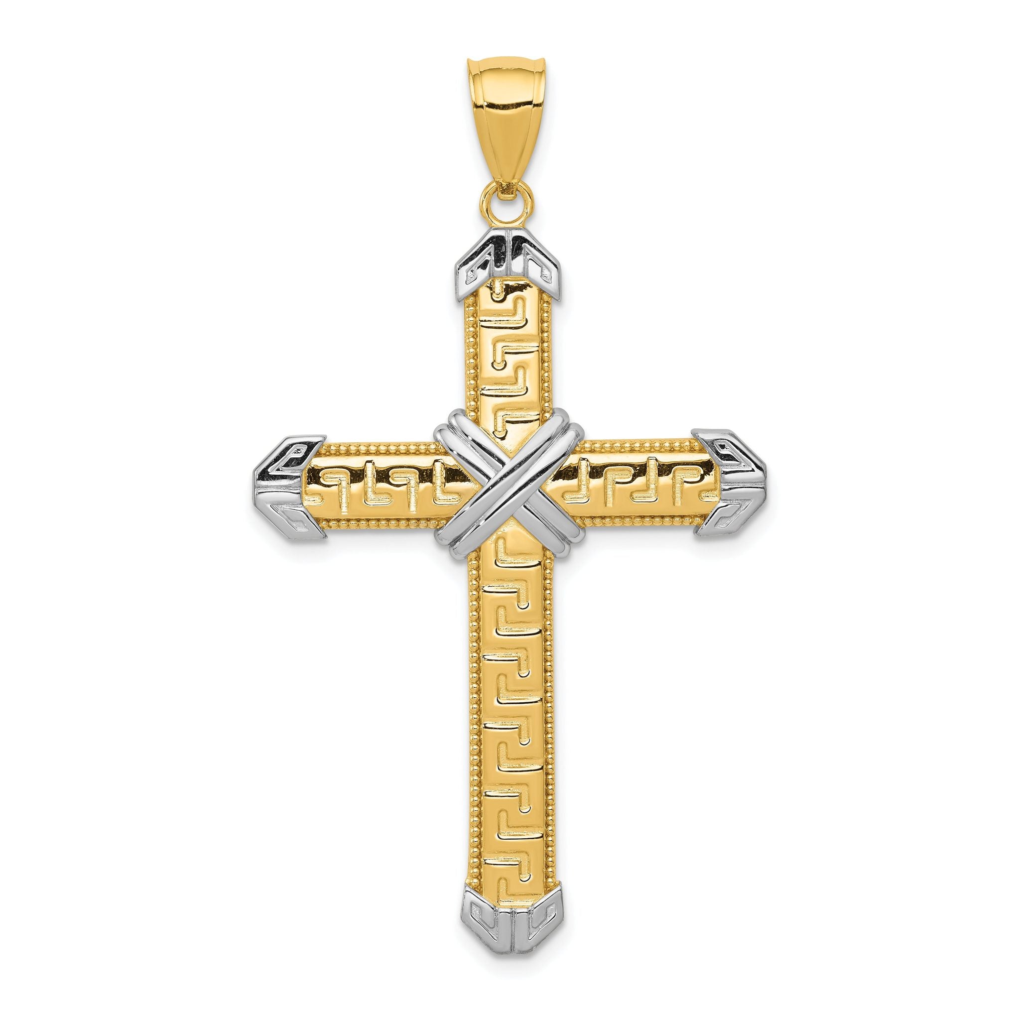 14K Gold and Rhodium Greek Key Cross Pendant Elegant and Solid Design Main image