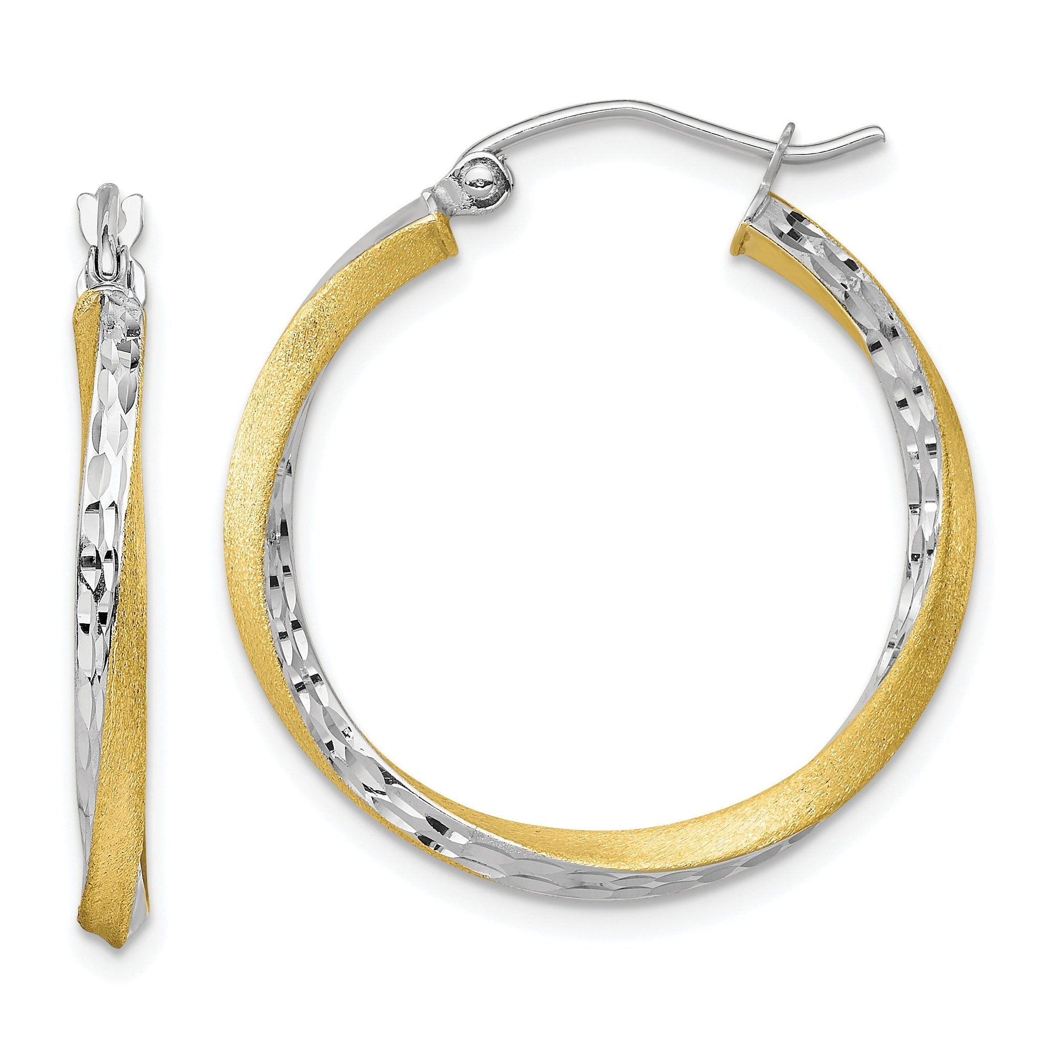 10K Gold & Rhodium Diamond-Cut Twisted Hoop Earrings  Elegant Polished Finish