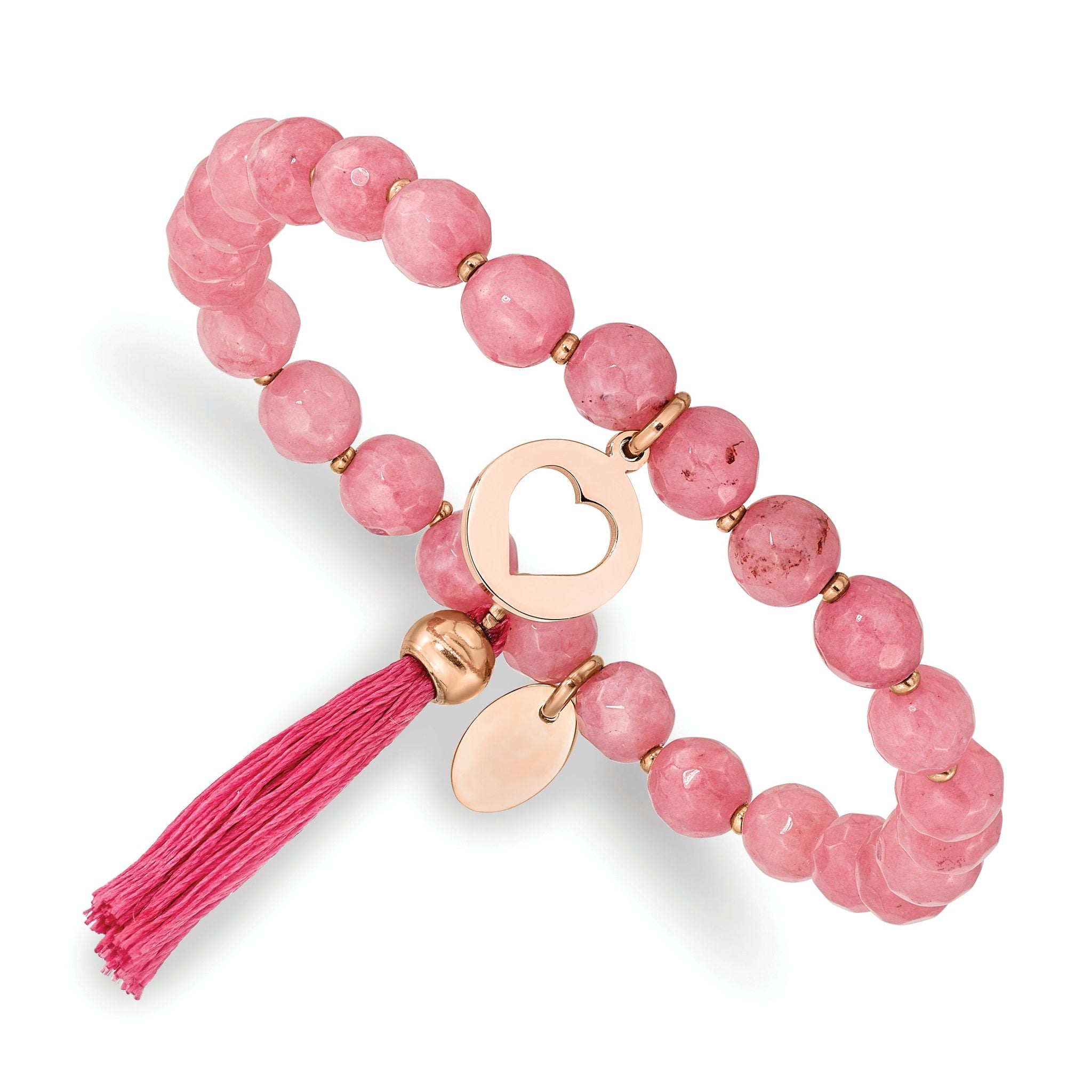 Stainless Steel Polished Rose IP-plated Heart 6mm Pink Jade Beaded Stretch Bracelet with Tassel for Women Main image