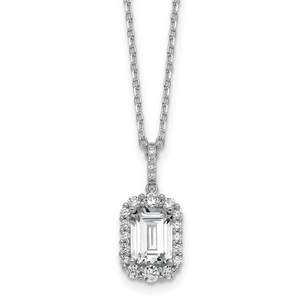 Cheryl M Sterling Silver Rhodium-plated Polished Fancy Emerald-cut CZ Halo with 2 Inch Extension Necklace