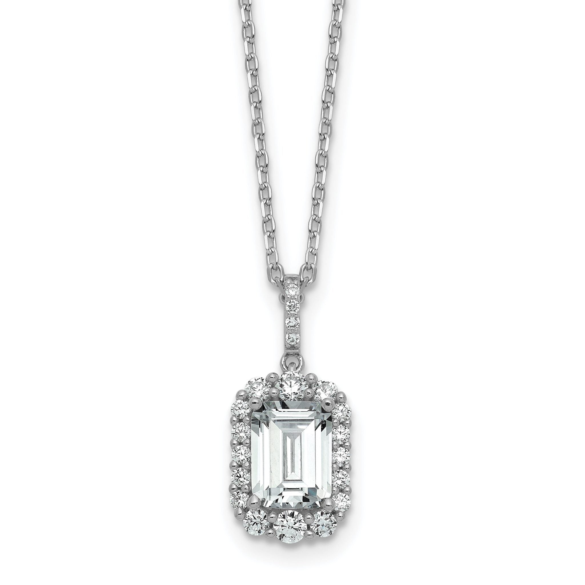 Cheryl M Sterling Silver Rhodium-plated Polished Fancy Emerald-cut CZ Halo with 2 Inch Extension Necklace