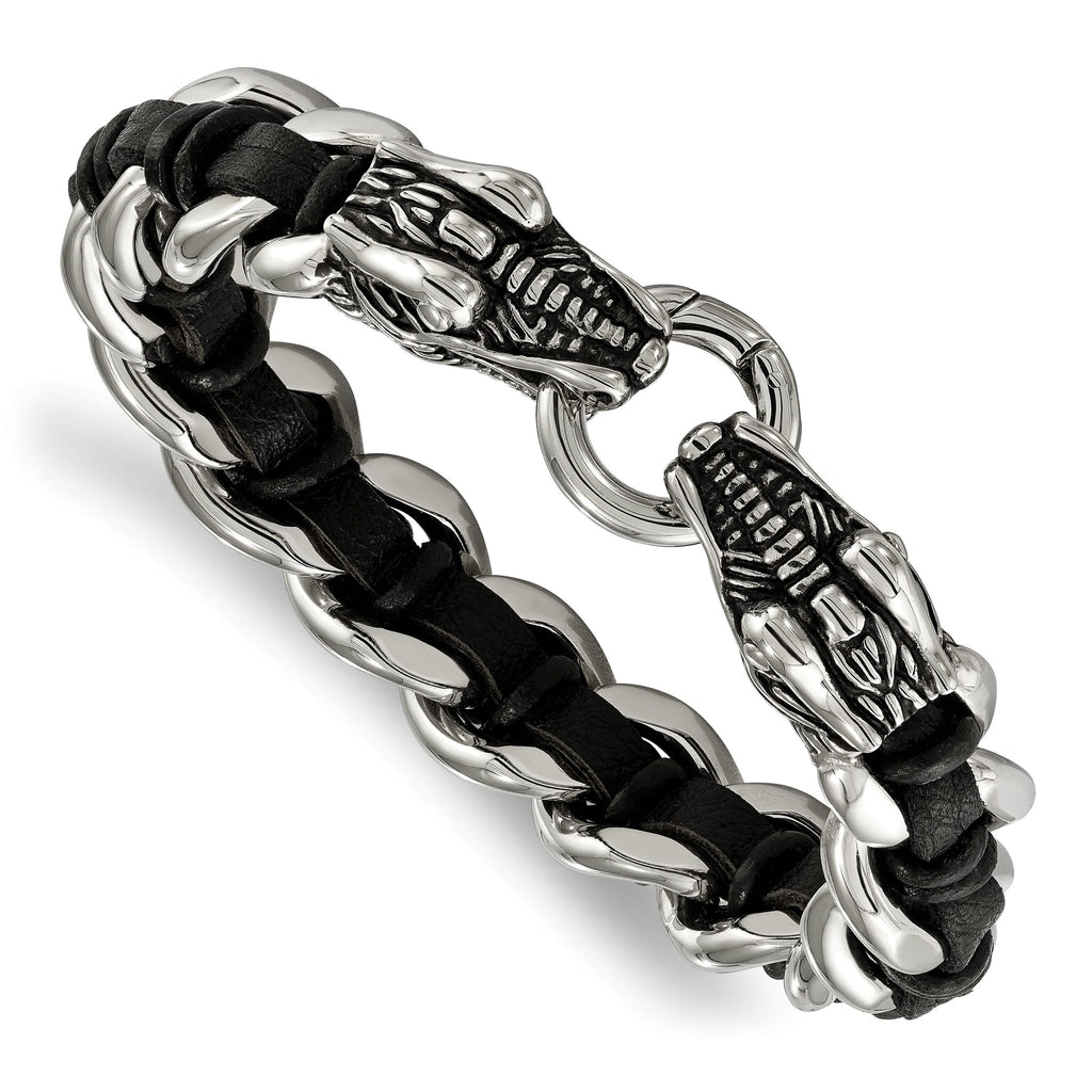 Stainless Steel Antiqued and Polished Dragon Head Curb Chain with Black Leather Bracelet for Men