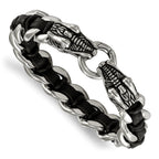 Stainless Steel Antiqued and Polished Dragon Head Curb Chain with Black Leather Bracelet for Men