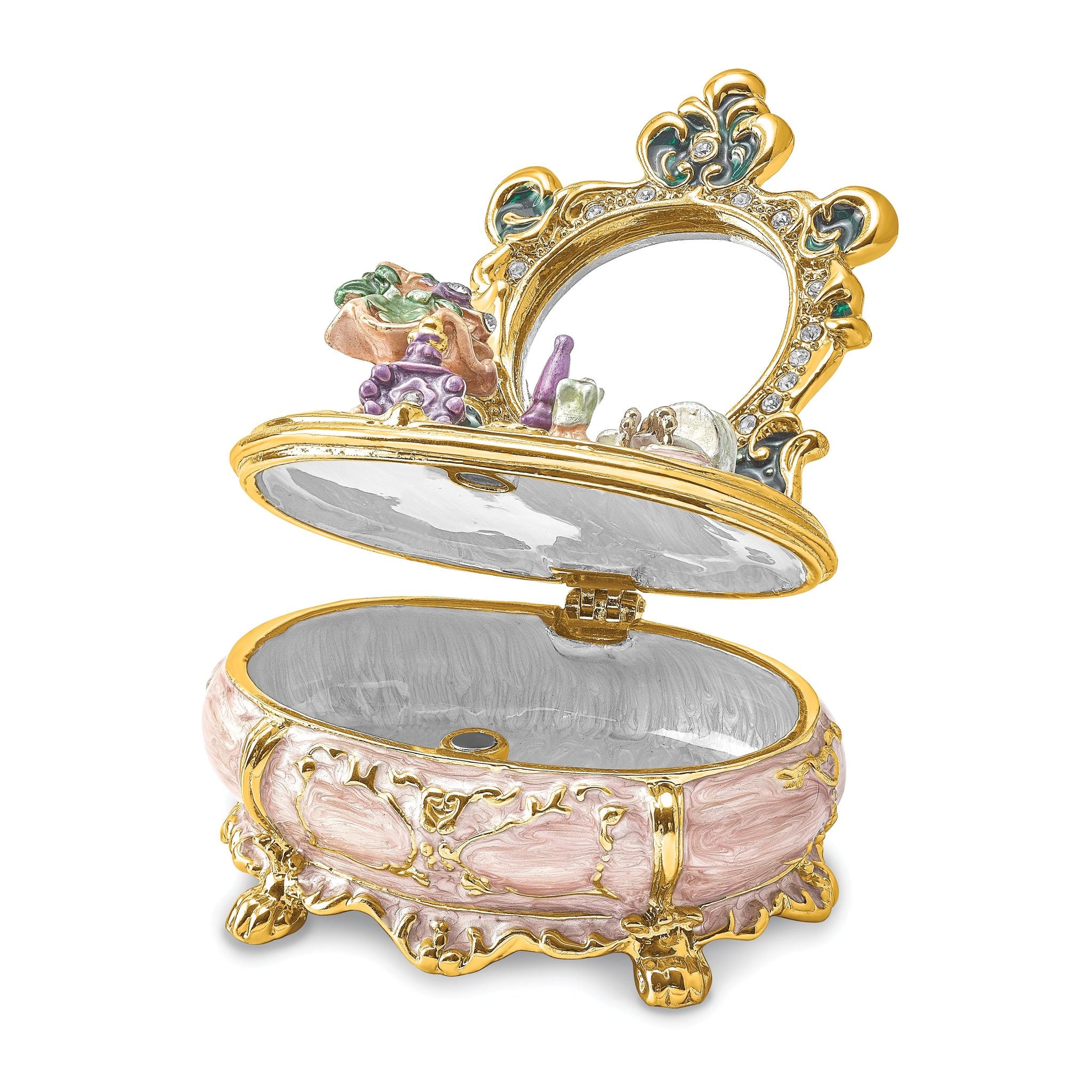 Luxury Giftware Pewter Bejeweled Crystals Gold-tone Enameled VANITY Dressing & Makeup Table Trinket Box with Matching 18 Inch Necklace Secondary image