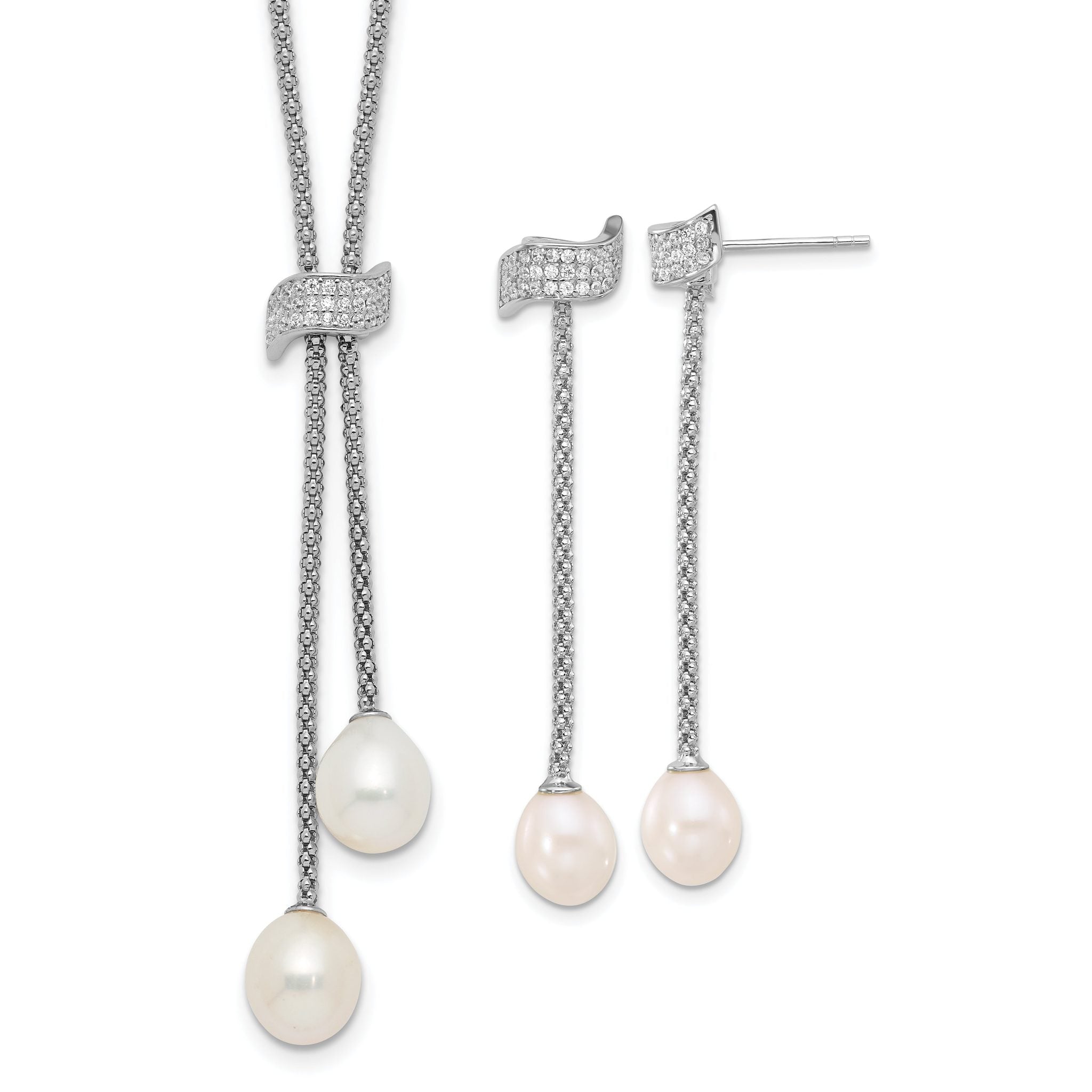 Sterling Silver Rhodium-plated 8-10mm White Teardrop Freshwater Cultured Pearl and CZ 18 inch with 2 inch Extension Necklace and Post Dangle Earrings Set Main image