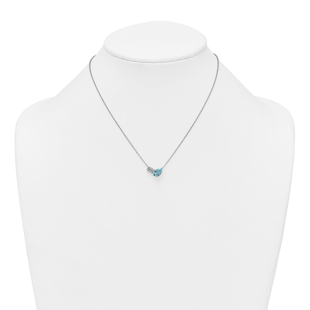 Sterling Silver Rhodium-plated Polished Pear Sky Blue and Emerald-cut White Topaz 16 Inch with 2 Inch Extension Necklace