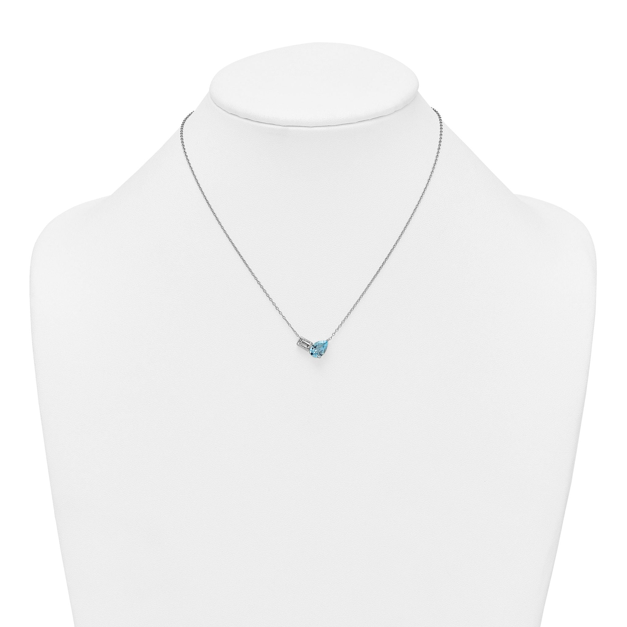 Sterling Silver Rhodium-plated Polished Pear Sky Blue and Emerald-cut White Topaz 16 Inch with 2 Inch Extension Necklace