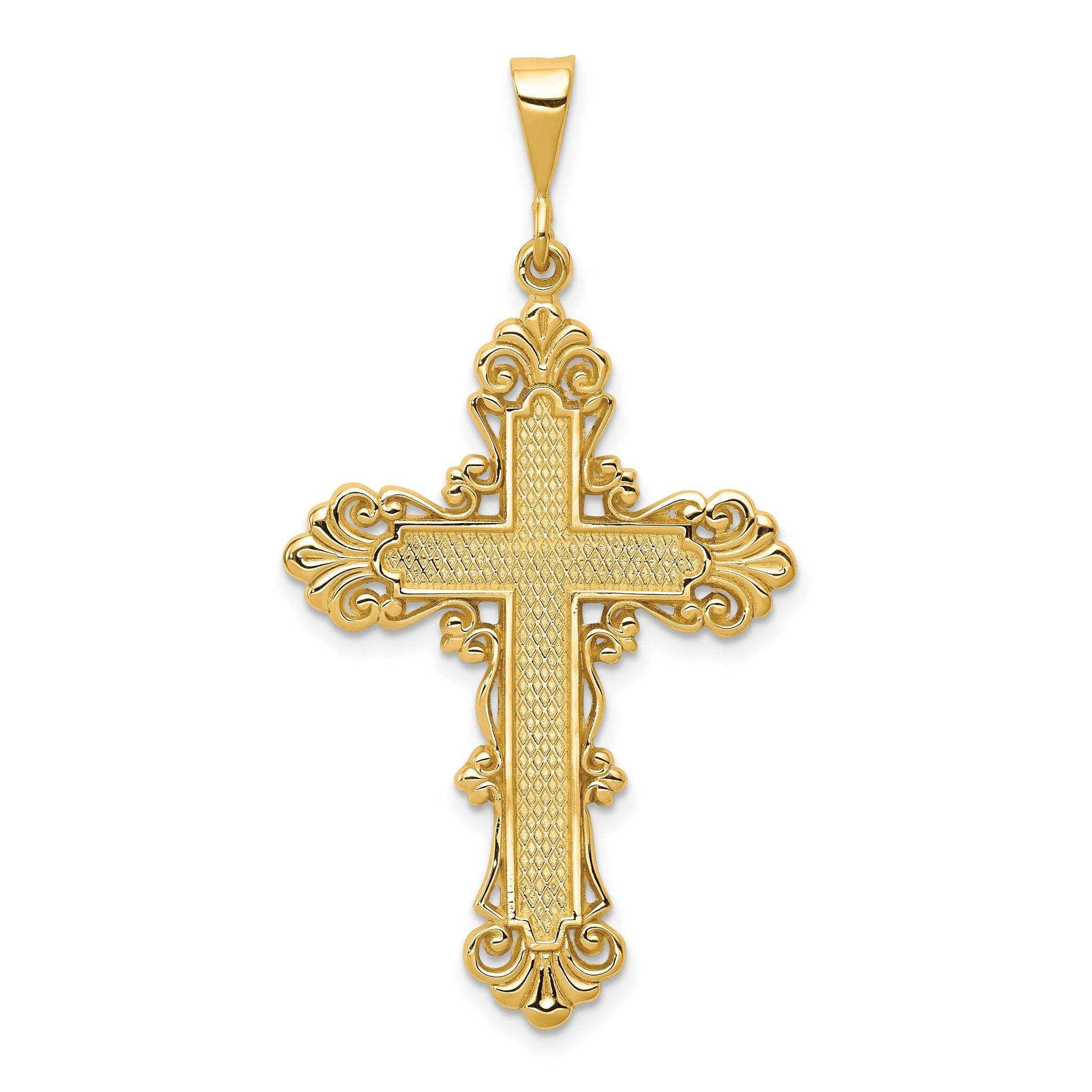 14K Gold Fleur De Lis Cross Pendant  Elegant Solid Design